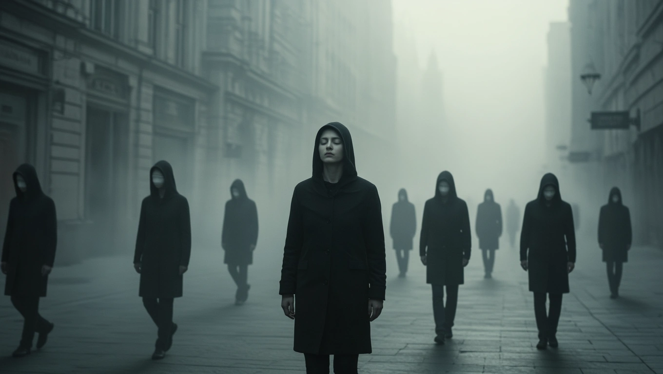 O femeie stă în mijlocul unei străzi pustii, înconjurată de figuri misterioase îmbrăcate în negru, simbolizând fricile interioare.