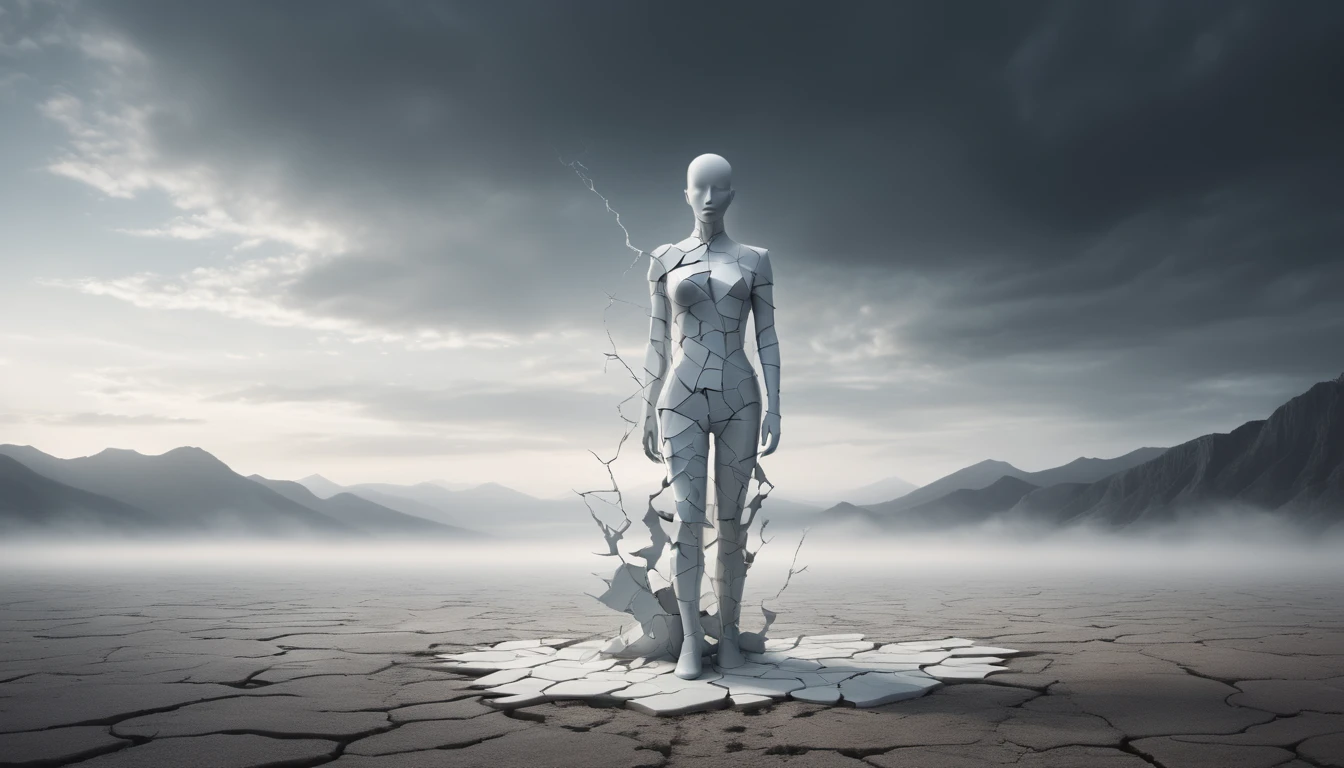 O statuie albă, crăpată, stă pe un teren uscat, simbolizând vulnerabilitatea și dorința de schimbare.