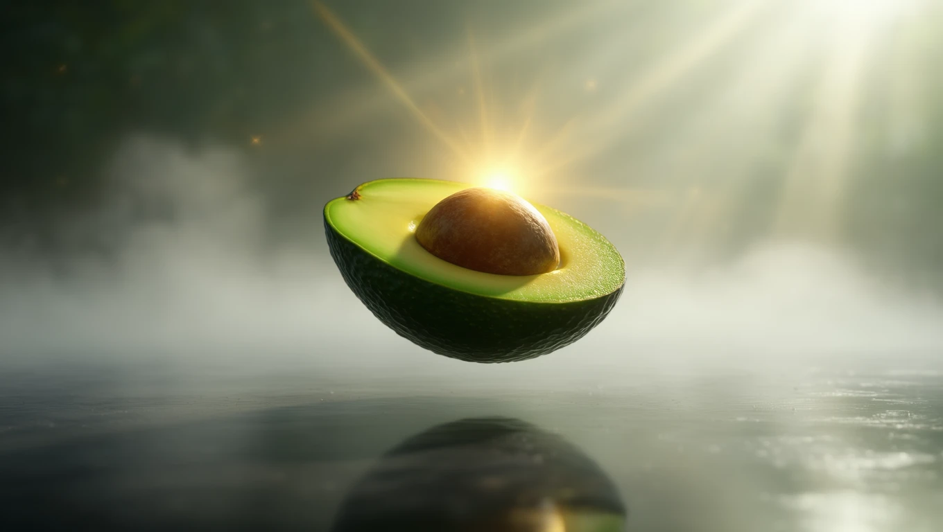 Un avocado tăiat în jumătate, cu miezul expus, plutind într-un mediu luminos și misterios.