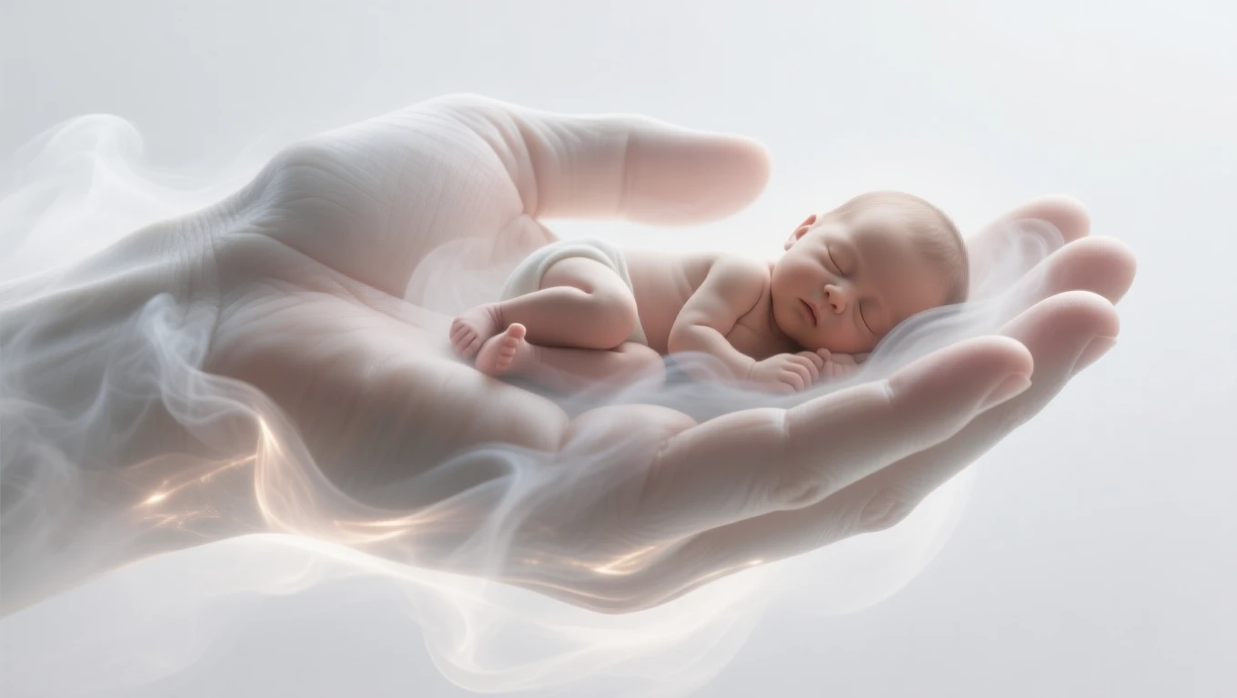 Un bebeluș adormit, așezat delicat în palma unei mâini, simbolizând inocența și noi începuturi.