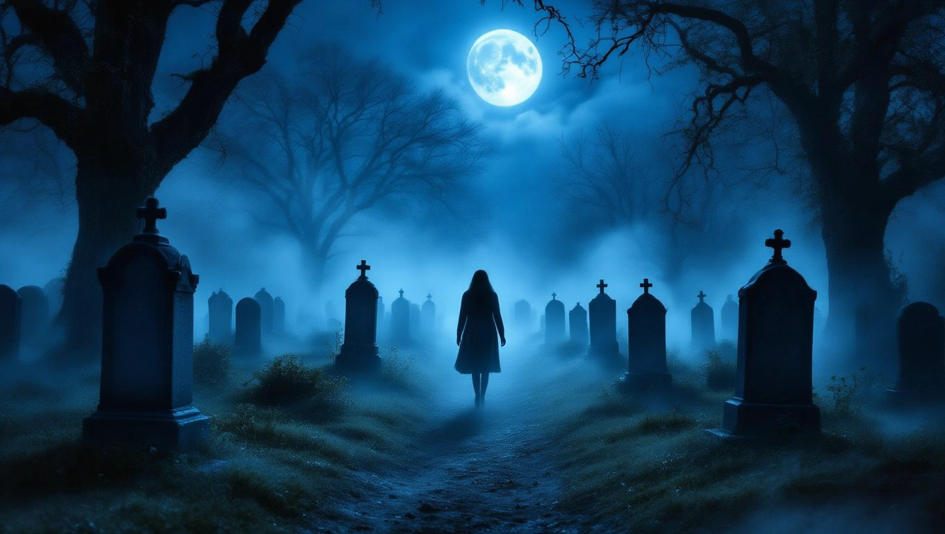 O femeie îmbrăcată în alb merge pe aleea unui cimitir învăluit în ceață, sub lumina lunii pline.