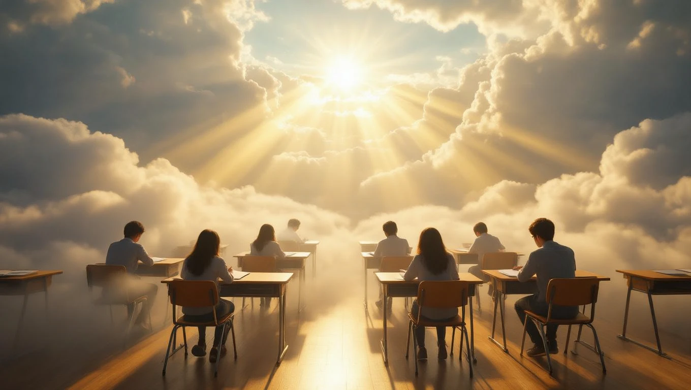 Oameni care stau la birouri în nori, pregătindu-se pentru un examen sub razele soarelui.