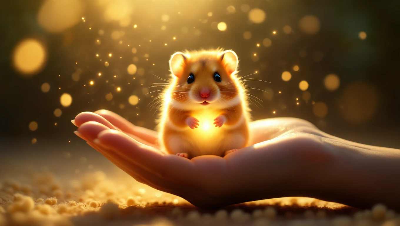 Un hamster drăguț stă în palma unei mâini, emanând o lumină caldă, simbolizând îngrijirea și protecția.