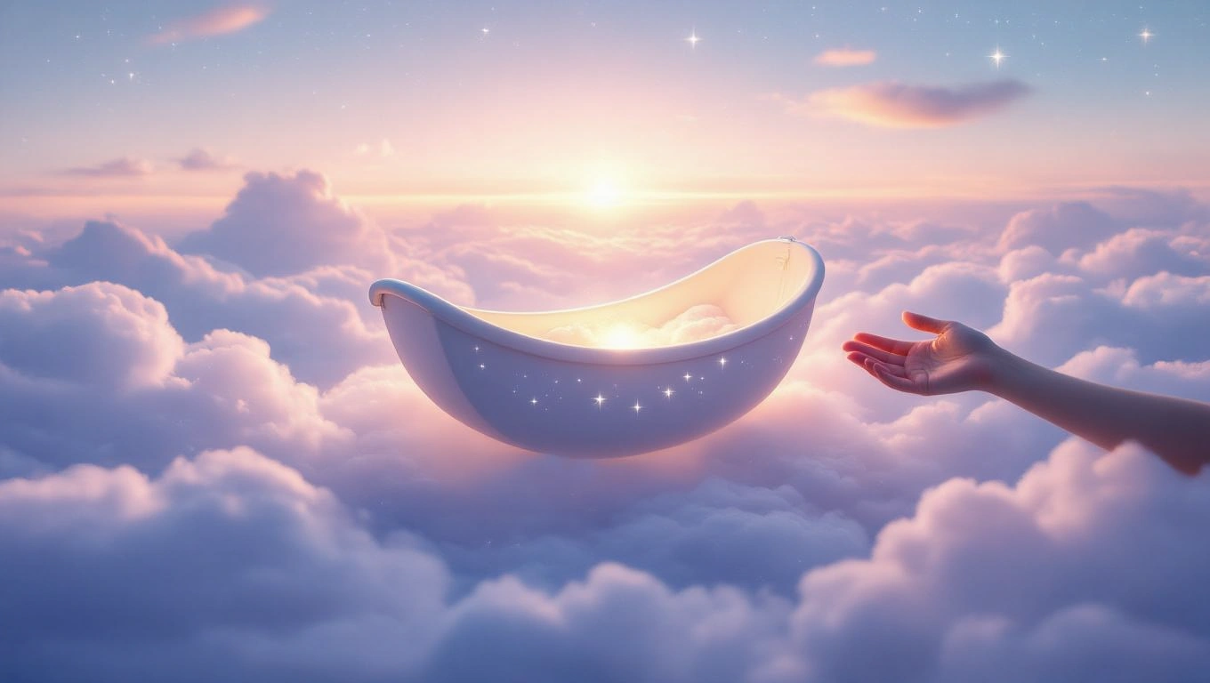 O mână întinsă spre un bol alb plutind printre nori, simbolizând protecția și grijă pentru nepoți.