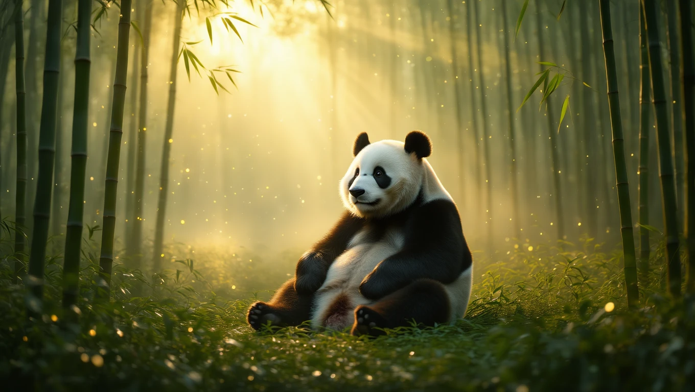 Un panda stând relaxat într-o pădure de bambus, învăluit în lumina blândă a dimineții.