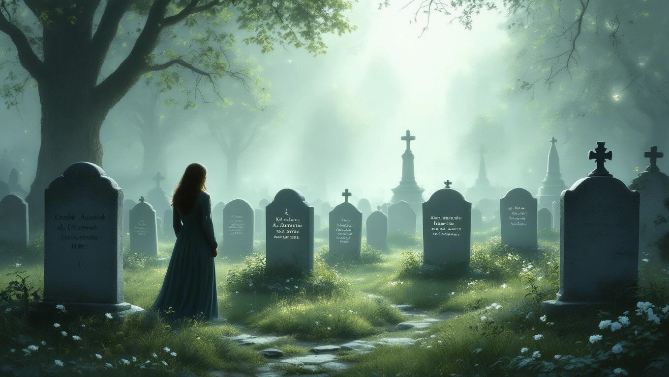O femeie stă în fața unui cimitir, înconjurată de morminte, în lumina difuză a dimineții.