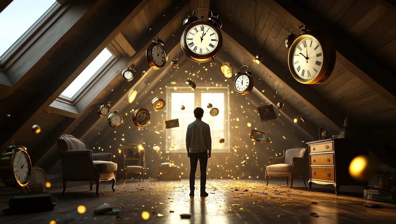 Un băiat stă într-un pod, înconjurat de ceasuri suspendate și lumini strălucitoare, simbolizând trecerea timpului și noi începuturi.