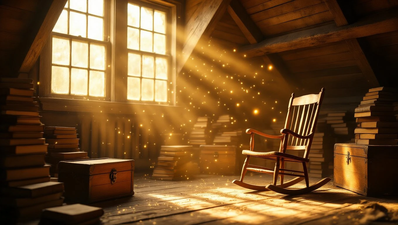O mansardă luminoasă cu o fotoliu din lemn, cărți stivuite și raze de soare ce pătrund prin feronerie.