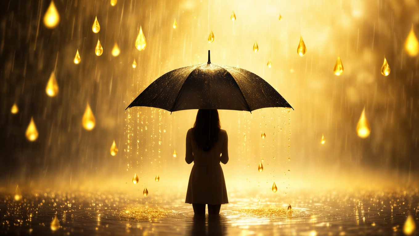 O femeie stă sub un umbreluță neagră, înconjurată de picături de apă aurii, simbolizând transformarea și renașterea.