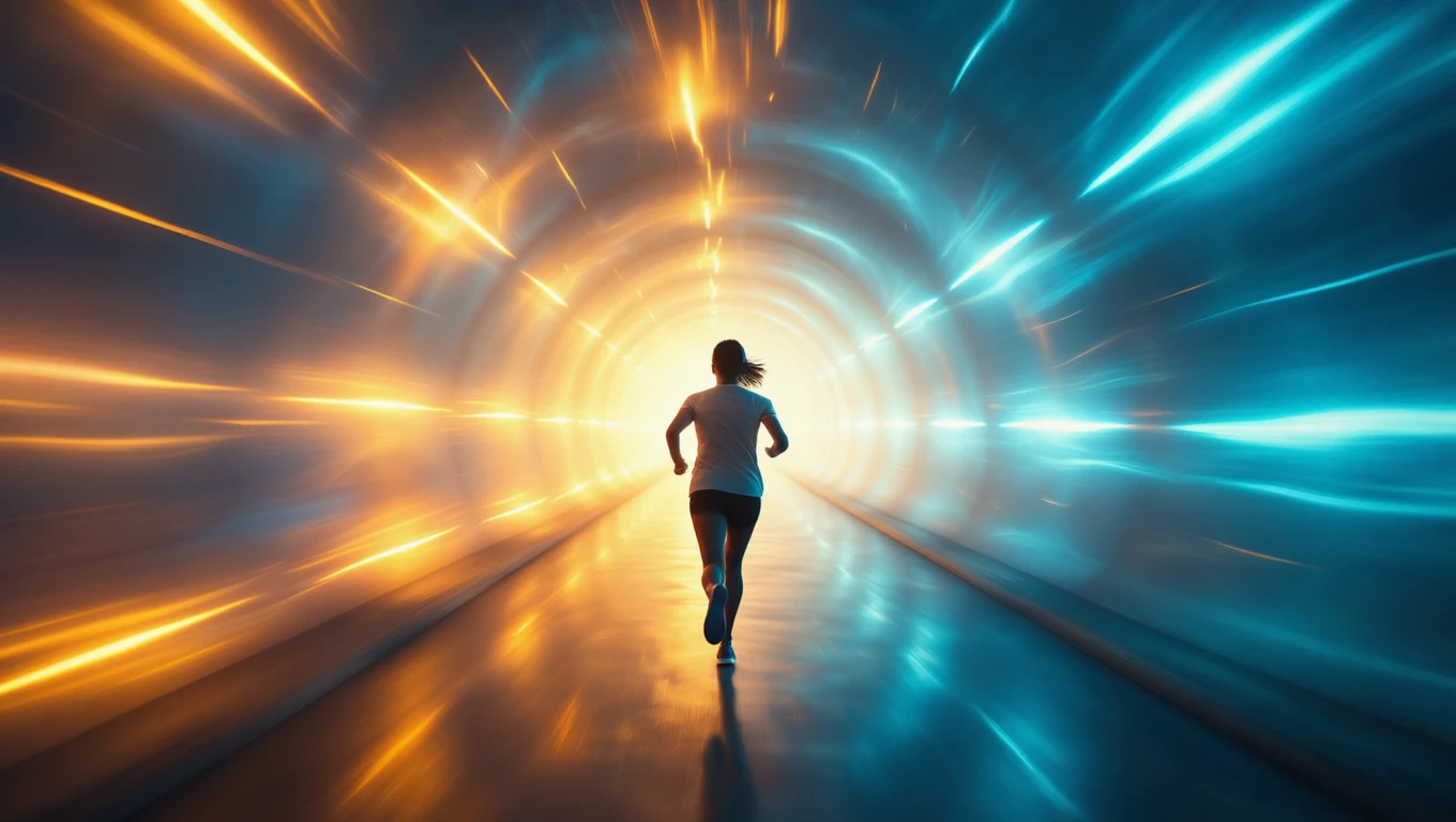 O persoană alergând printr-un tunel luminos, simbolizând viteză și progres.