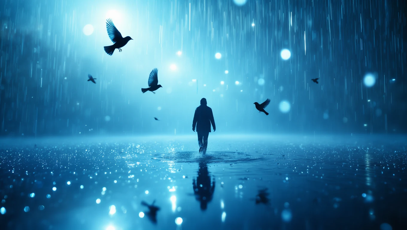 Un bărbat merge prin ploaie, înconjurat de păsări care zboară, simbolizând dorința de libertate și progres.