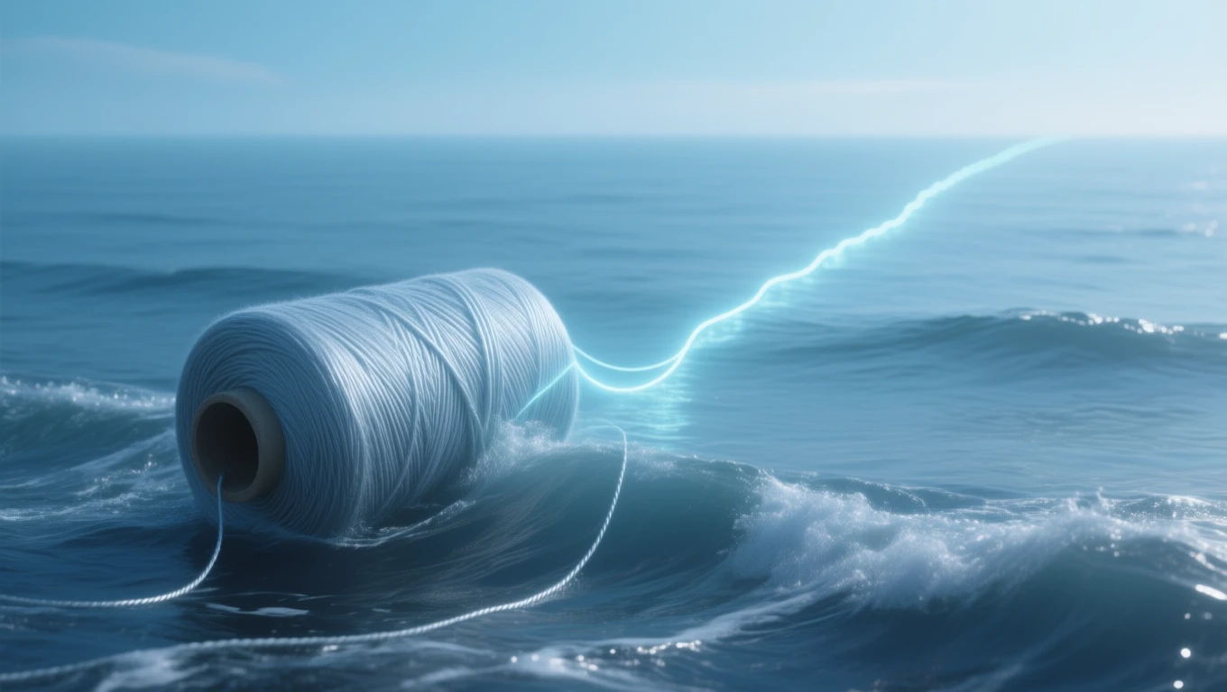 Un ghem de ață albă plutește pe o mare calmă, cu raze de lumină care se desprind din el, simbolizând conexiuni și creativitate.