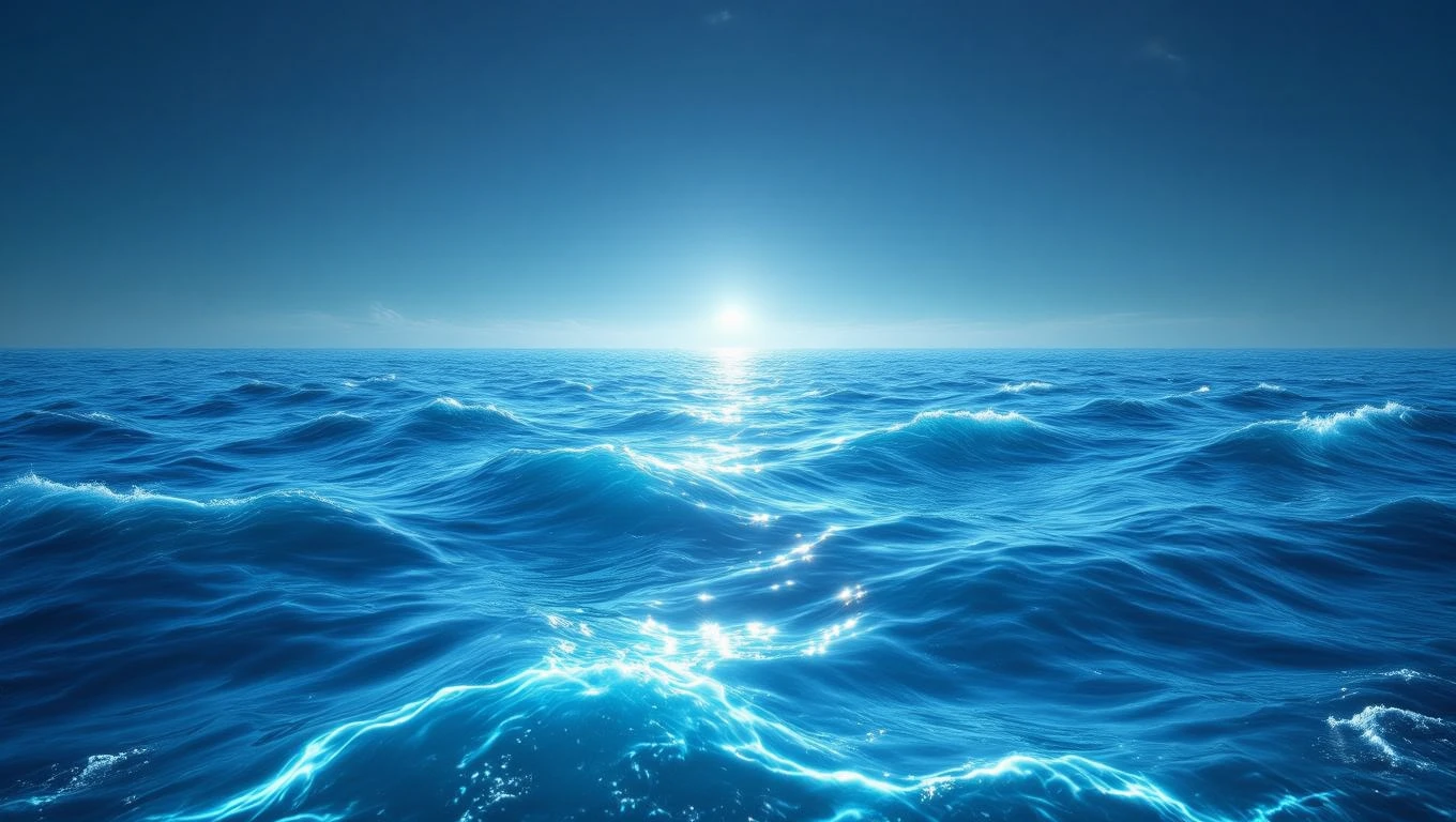 O mare azurie sub un cer senin, cu valuri blânde care reflectă lumina soarelui.