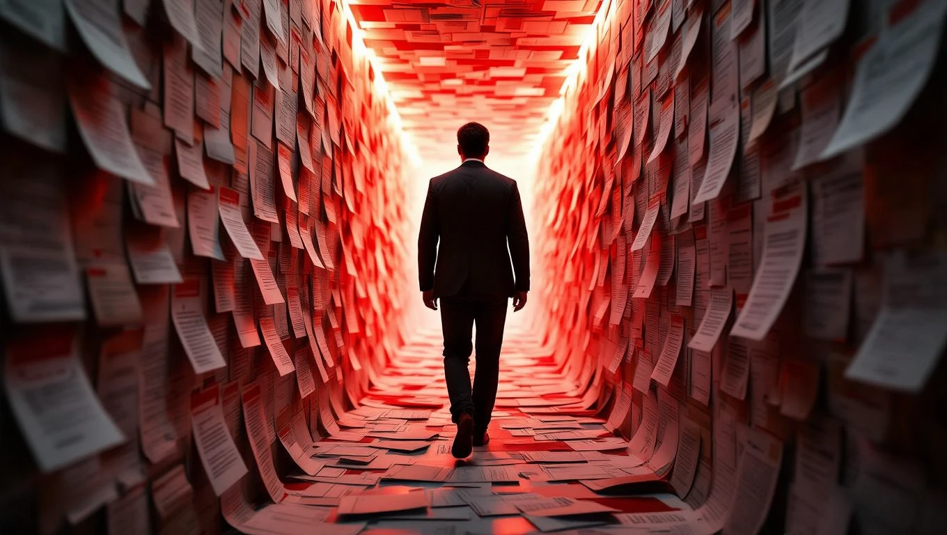 Un bărbat îmbrăcat elegant merge pe un coridor îngust, căptușit cu hârtii, simbolizând datoriile și responsabilitățile nerezolvate.