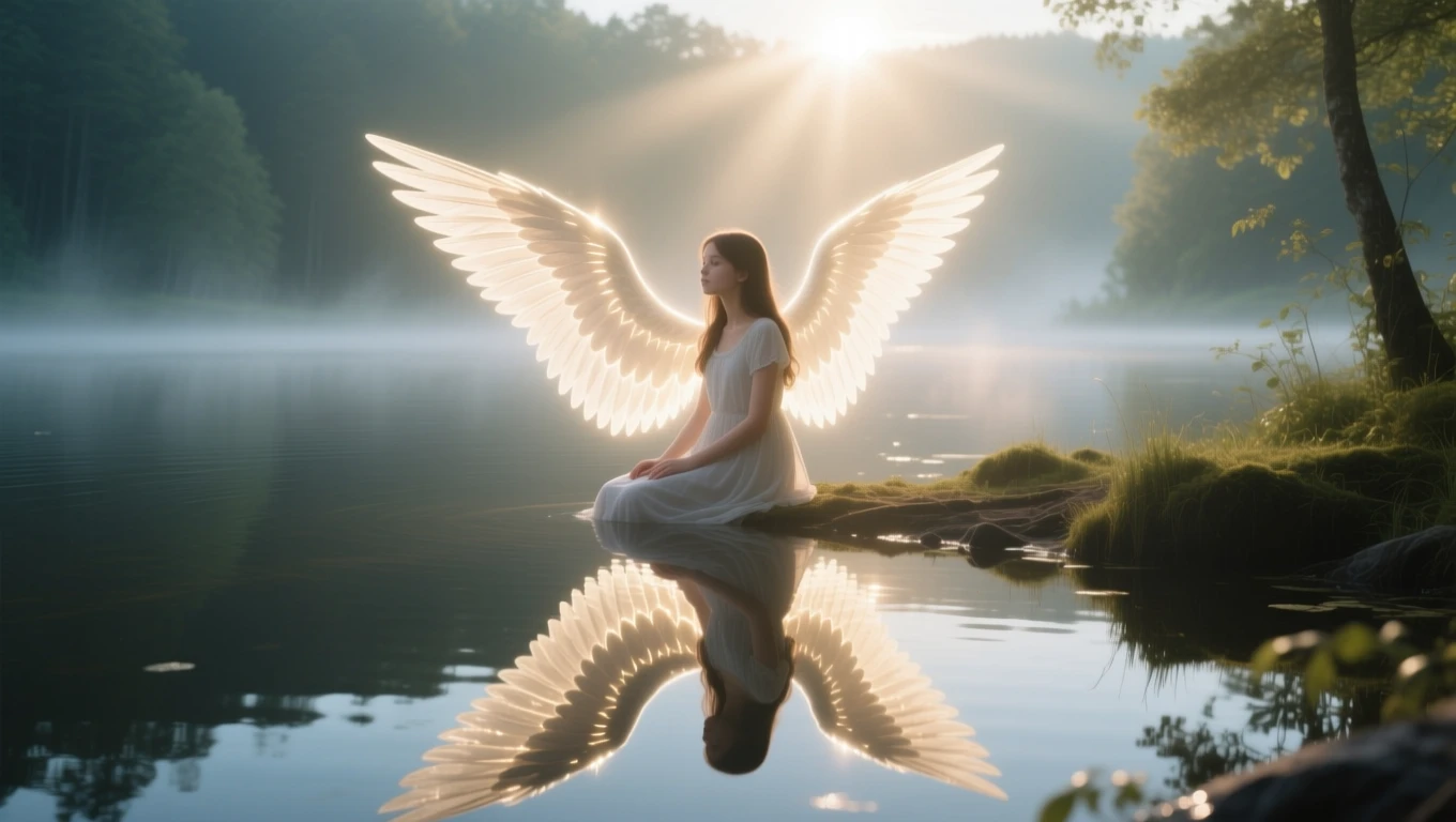 O fetiță cu aripi strălucitoare stă pe malul unui lac, reflectându-se în apă, simbolizând inocența și noi începuturi.
