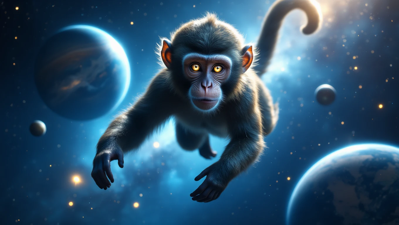 O maimuță cu ochi strălucitori plutește în spațiu, înconjurată de planete și stele, simbolizând curiozitatea și inteligența.