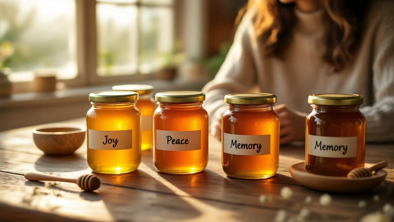Cinco borcane cu miere etichetate cu cuvintele bucurie, pace și amintire, așezate pe o masă din lemn.