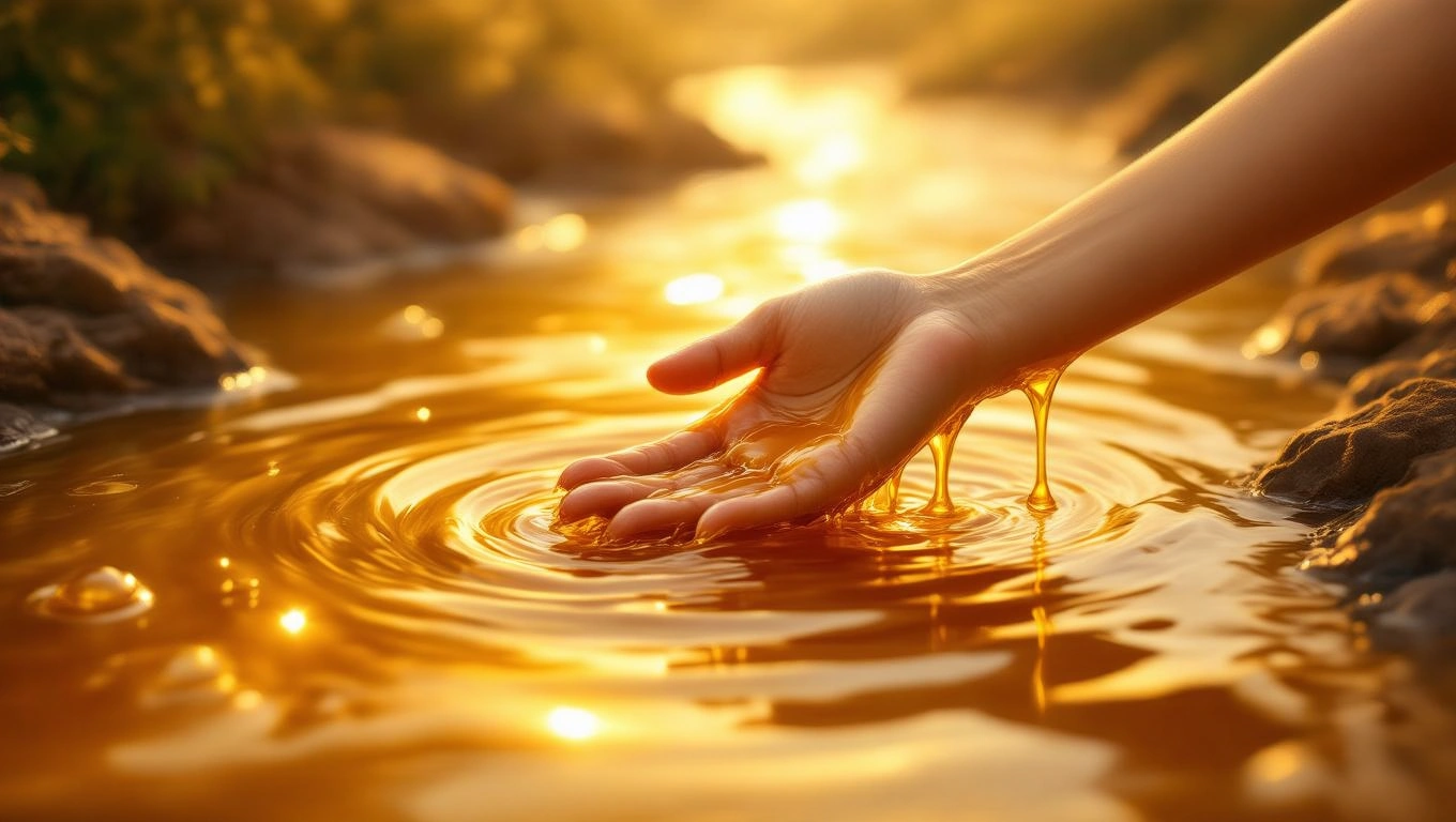 O mână care atinge o apă aurie, simbolizând mierea și prosperitatea în vise.