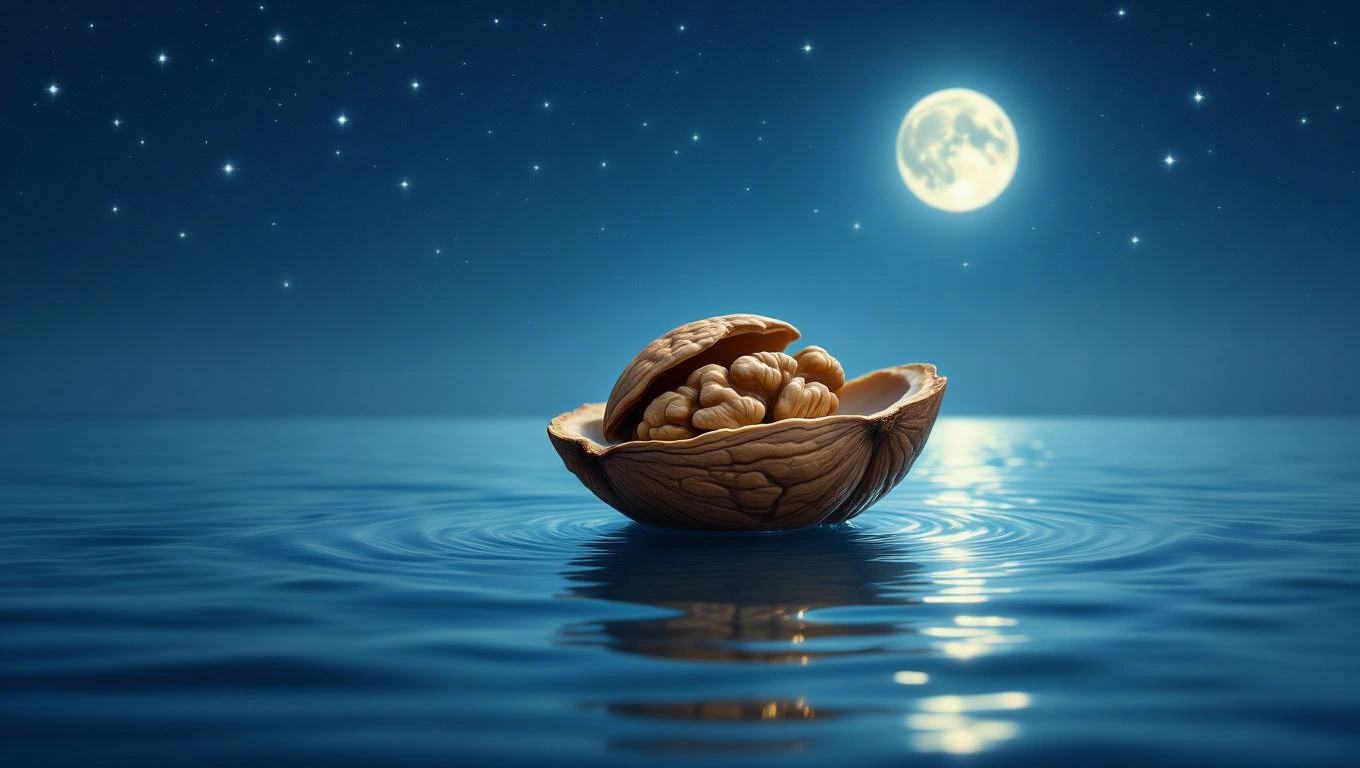 O nucă deschisă plutește pe apă, sub un cer înstelat și o lună plină, simbolizând potențialul și descoperirea interioară.