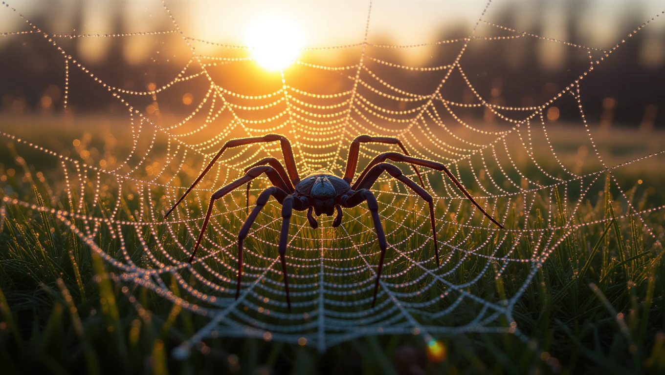 O pânză de păianjen strălucitoare, acoperită cu picături de rouă, în lumina dimineții.