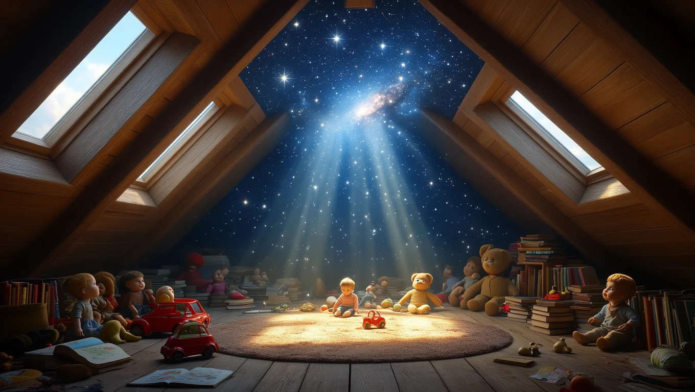 Un pod luminos se formează în podul unei case, simbolizând tranziția și noi începuturi, înconjurat de jucării și cărți.