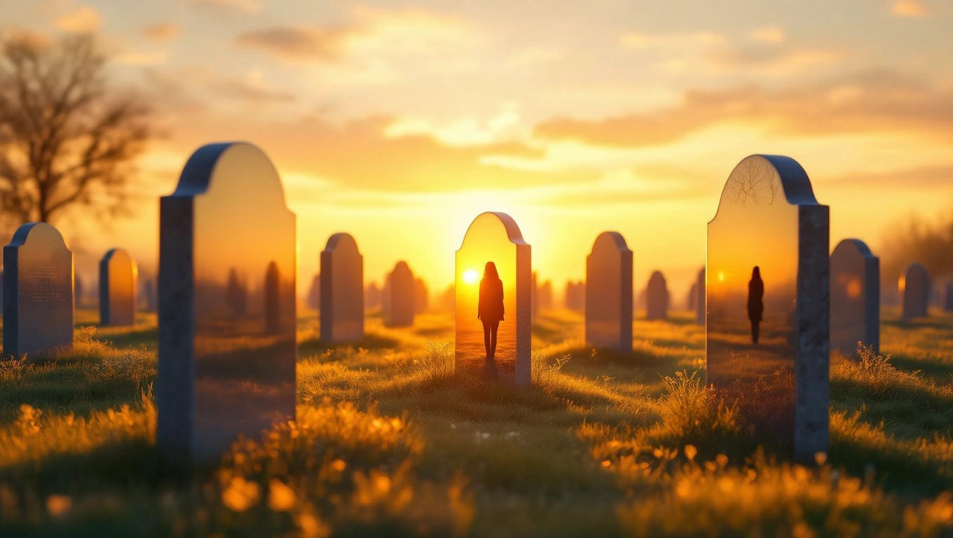 O imagine cu morminte în lumina apusului, simbolizând tranziția și transformarea personală.