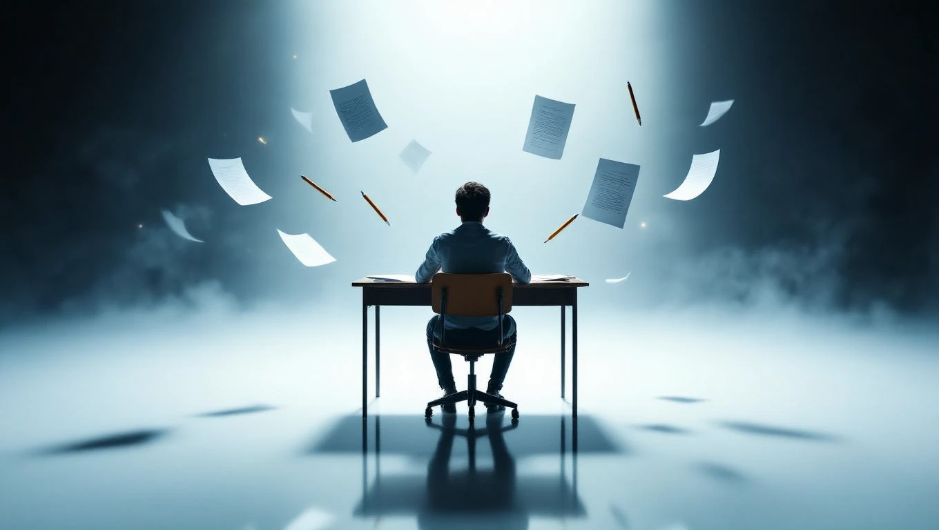 O persoană stând la birou, înconjurată de foi de examen și creioane, simbolizând stresul și provocările vieții.