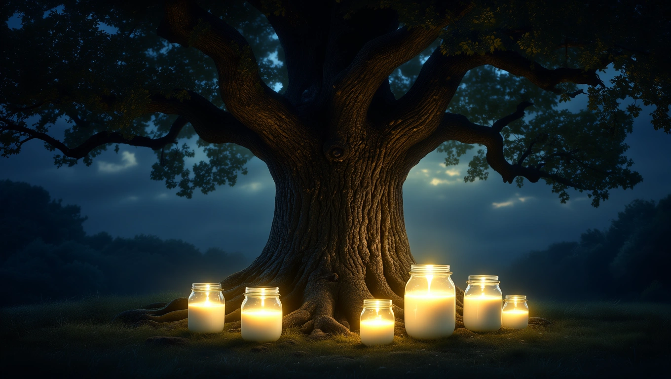 Un copac mare cu trunchi robust, înconjurat de borcane cu lumânări aprinse, simbolizând abundență și liniște sufletească.