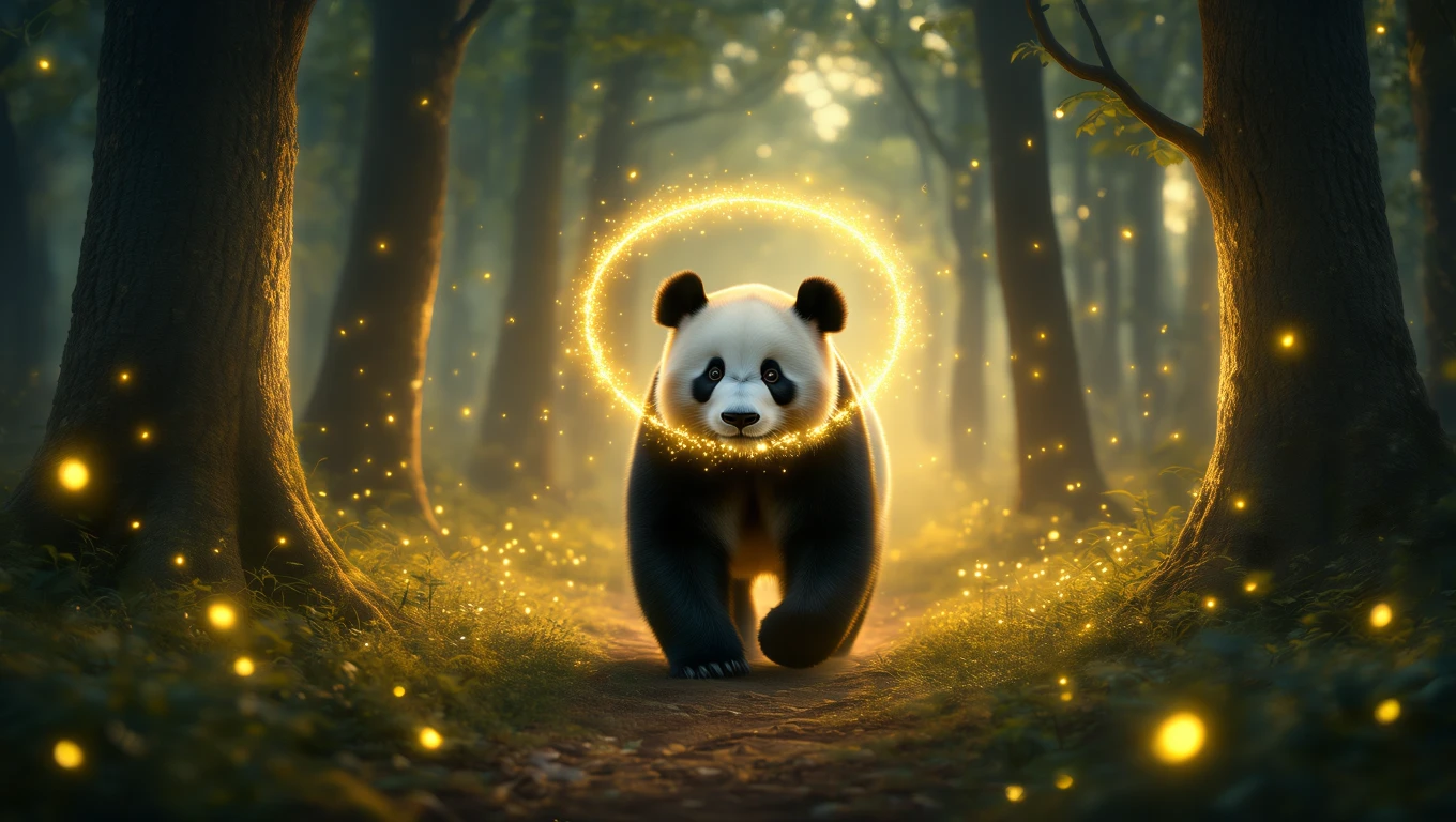 Un panda drăguț plimbându-se printr-o pădure luminoasă, înconjurat de licurici strălucitori.