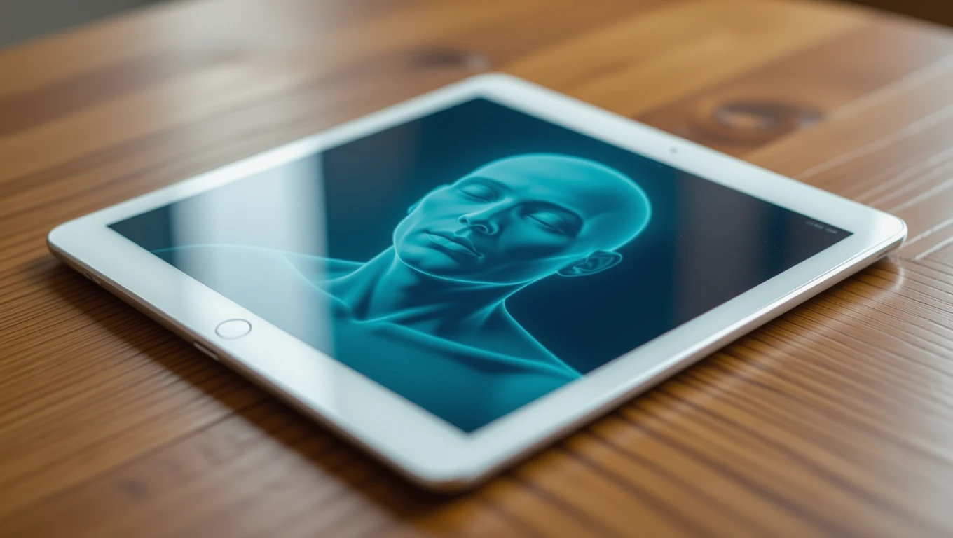 O tabletă albă cu un ecran care afișează o imagine abstractă a unei fețe umane, simbolizând cunoașterea și creativitatea.