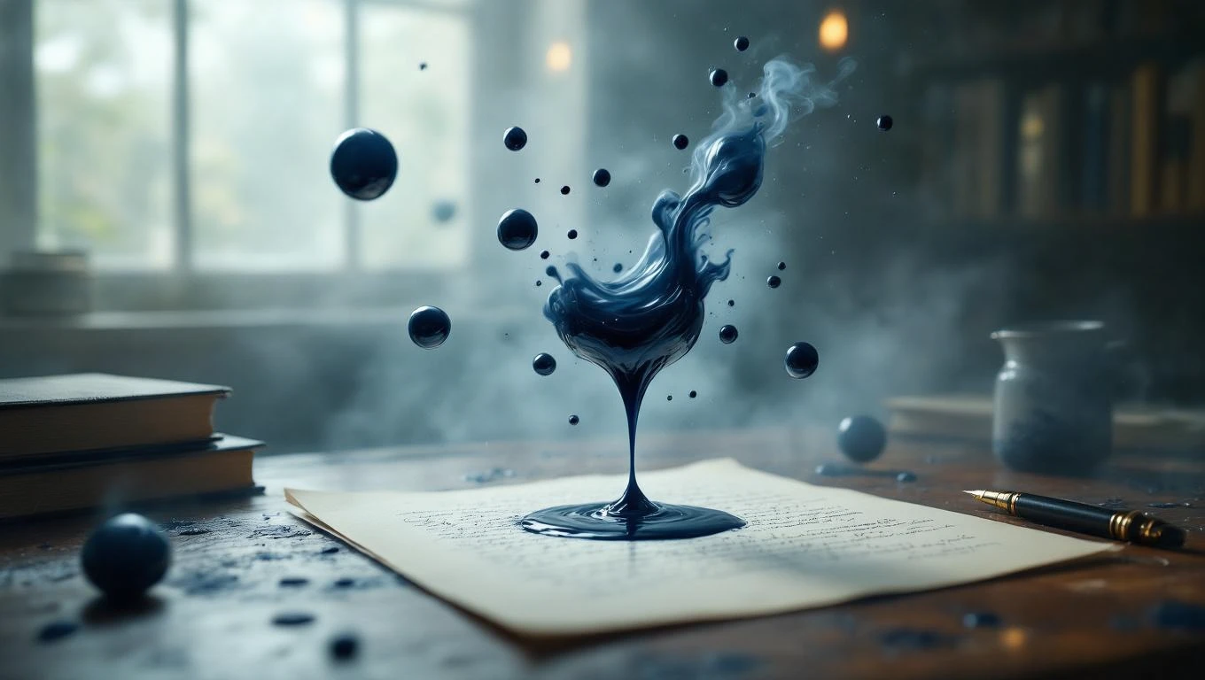 O imagine artistică cu cerneală albastră care se ridică deasupra unei foi de hârtie, simbolizând creativitatea și exprimarea gândurilor.