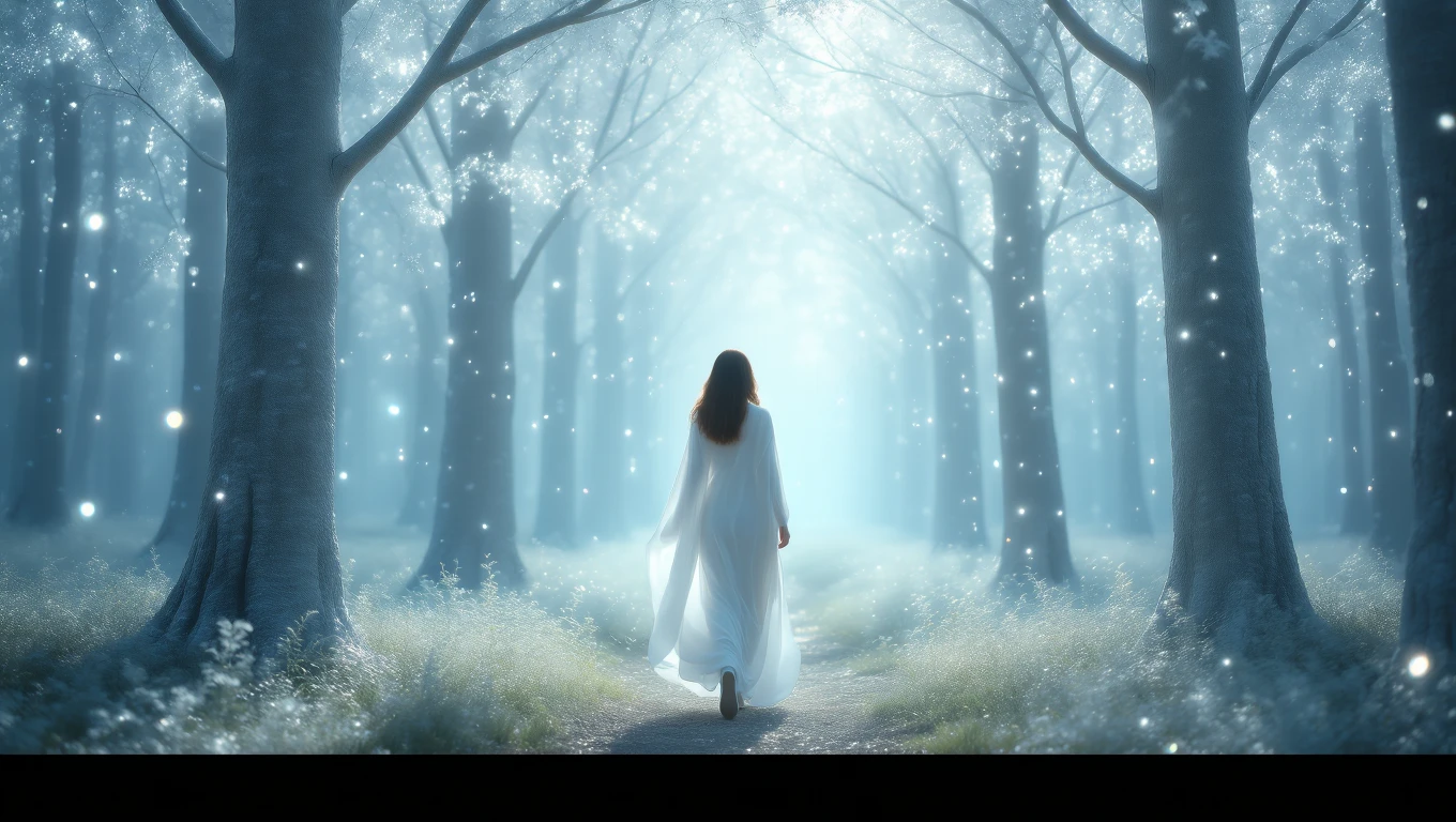 O femeie îmbrăcată în alb pășește pe un drum îngust într-o pădure luminoasă, înconjurată de copaci și străluciri magice.