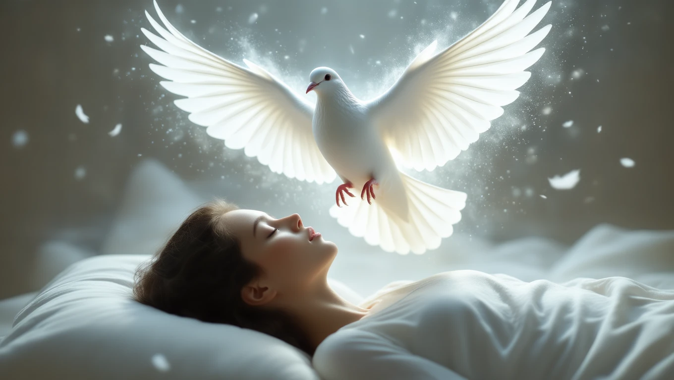 O femeie zâmbește în somn, înconjurată de o porumbel alb strălucitor, simbolizând inocența și puritatea visului.