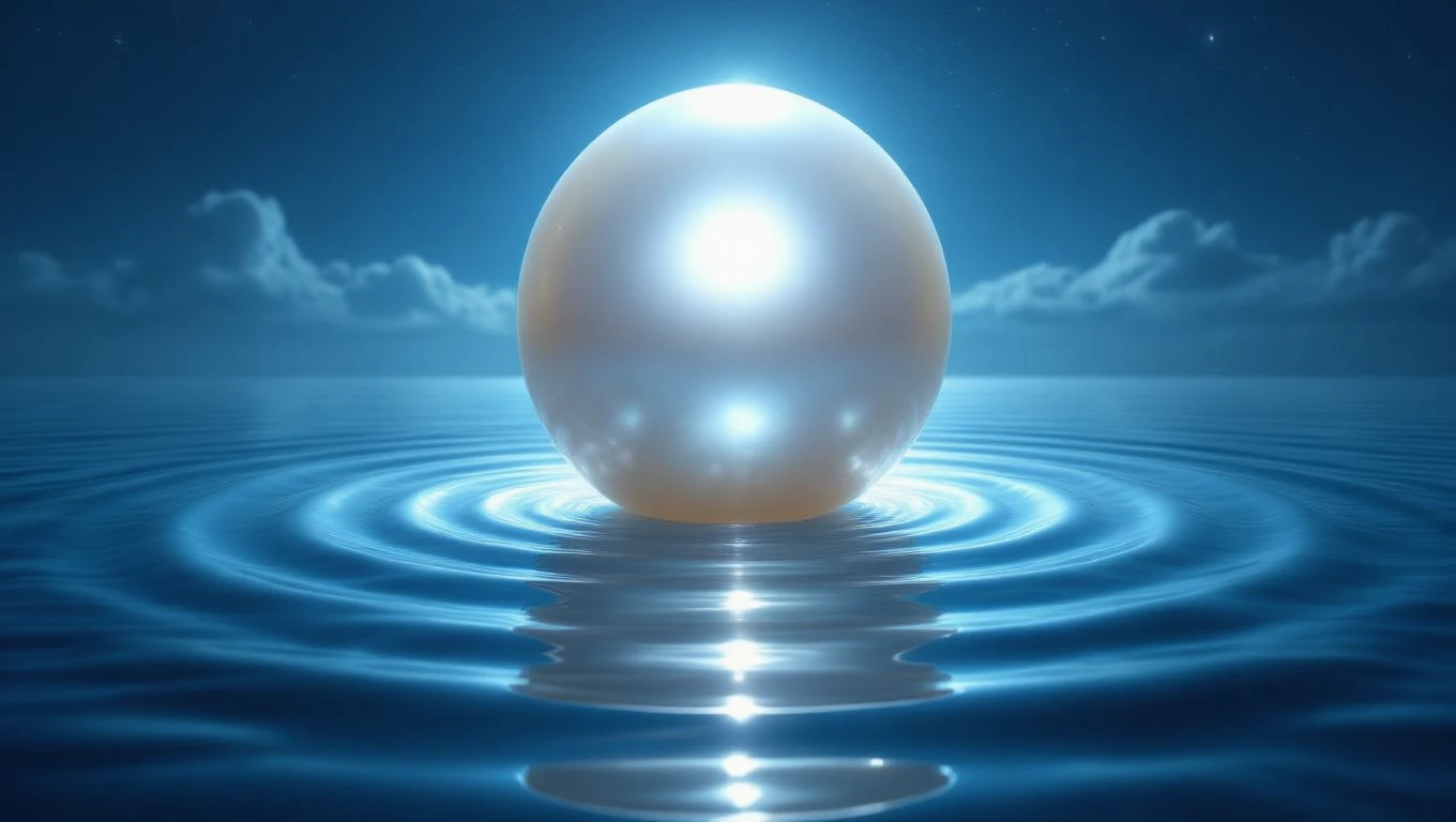 O perlă strălucitoare plutește pe o apă calmă, reflectând lumina într-un peisaj nocturn.