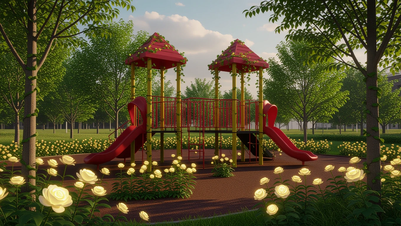 Un loc de joacă colorat, înconjurat de flori albe și copaci verzi, simbolizând inocența copilăriei și noi începuturi.
