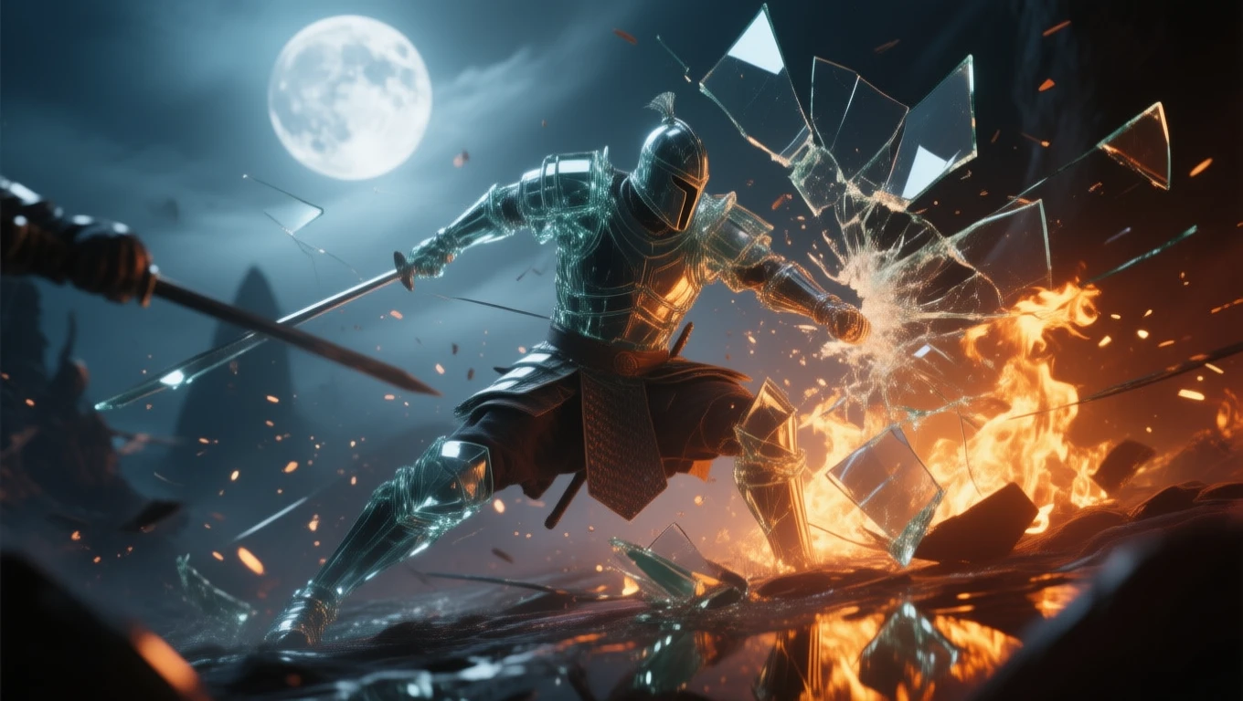 Un cavaler în armură strălucitoare luptă cu o sabie, înconjurat de flăcări și cioburi de sticlă, sub lumina lunii.