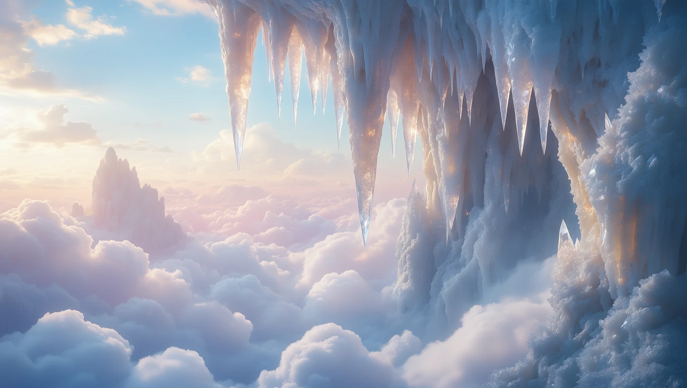 O stalactită strălucitoare atârnă deasupra unui peisaj de nori, simbolizând răbdarea și perseverența în fața provocărilor.