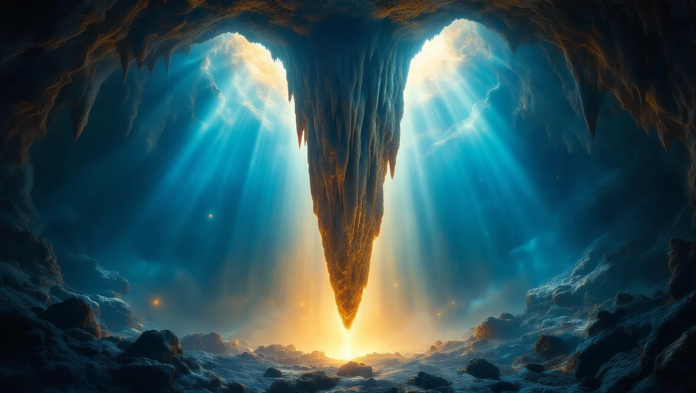 O stalactită impresionantă atârnă din tavanul unei peșteri, iluminată de razele de lumină care pătrund din exterior.