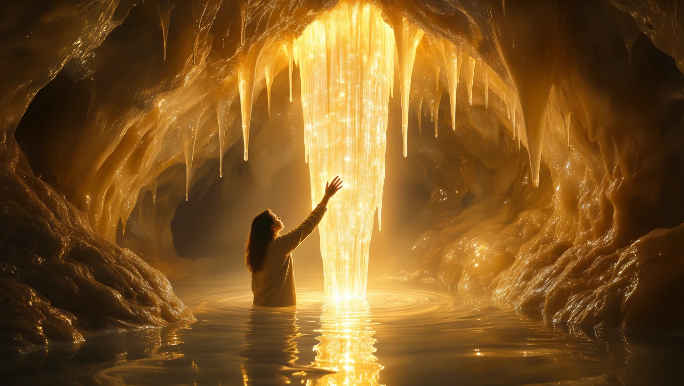 O femeie stă într-o peșteră, admirând stalactitele strălucitoare care se scurg din tavanul cavității.