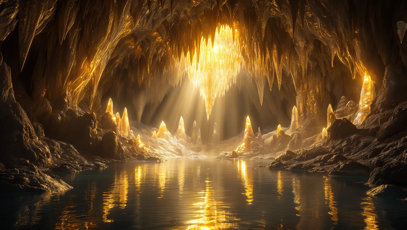 O peșteră impresionantă cu stalactite strălucitoare, reflectând lumina într-un lac liniștit.