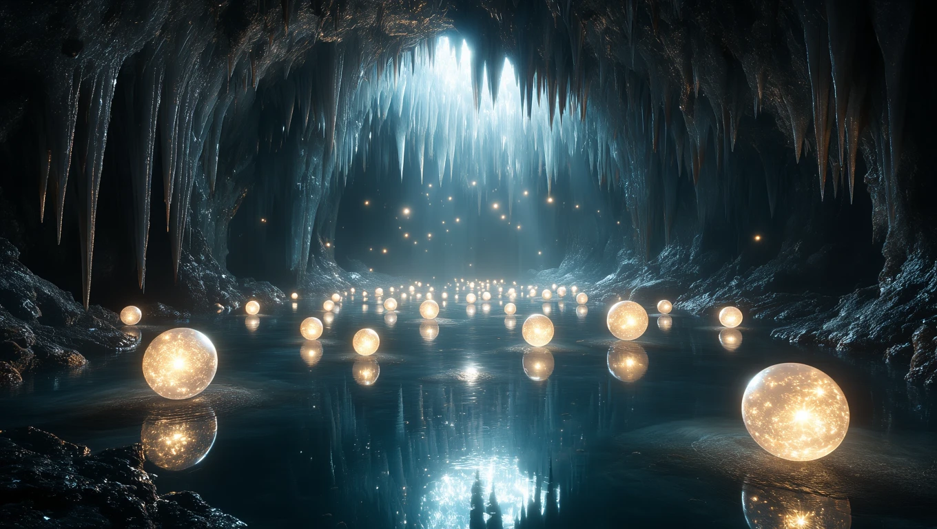 O peșteră misterioasă cu stalactite strălucitoare și globuri luminoase plutind pe apă.