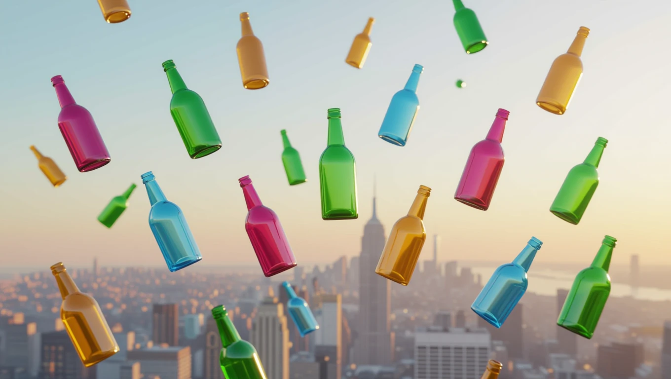 Sticle colorate suspendate în aer, cu un peisaj urban la apus în fundal, simbolizând relaxare și socializare.