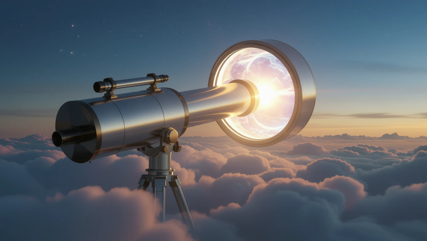 Un telescop elegant, așezat pe un trepied, îndreptat spre cerul plin de nori și stele, simbolizând explorarea și descoperirea.