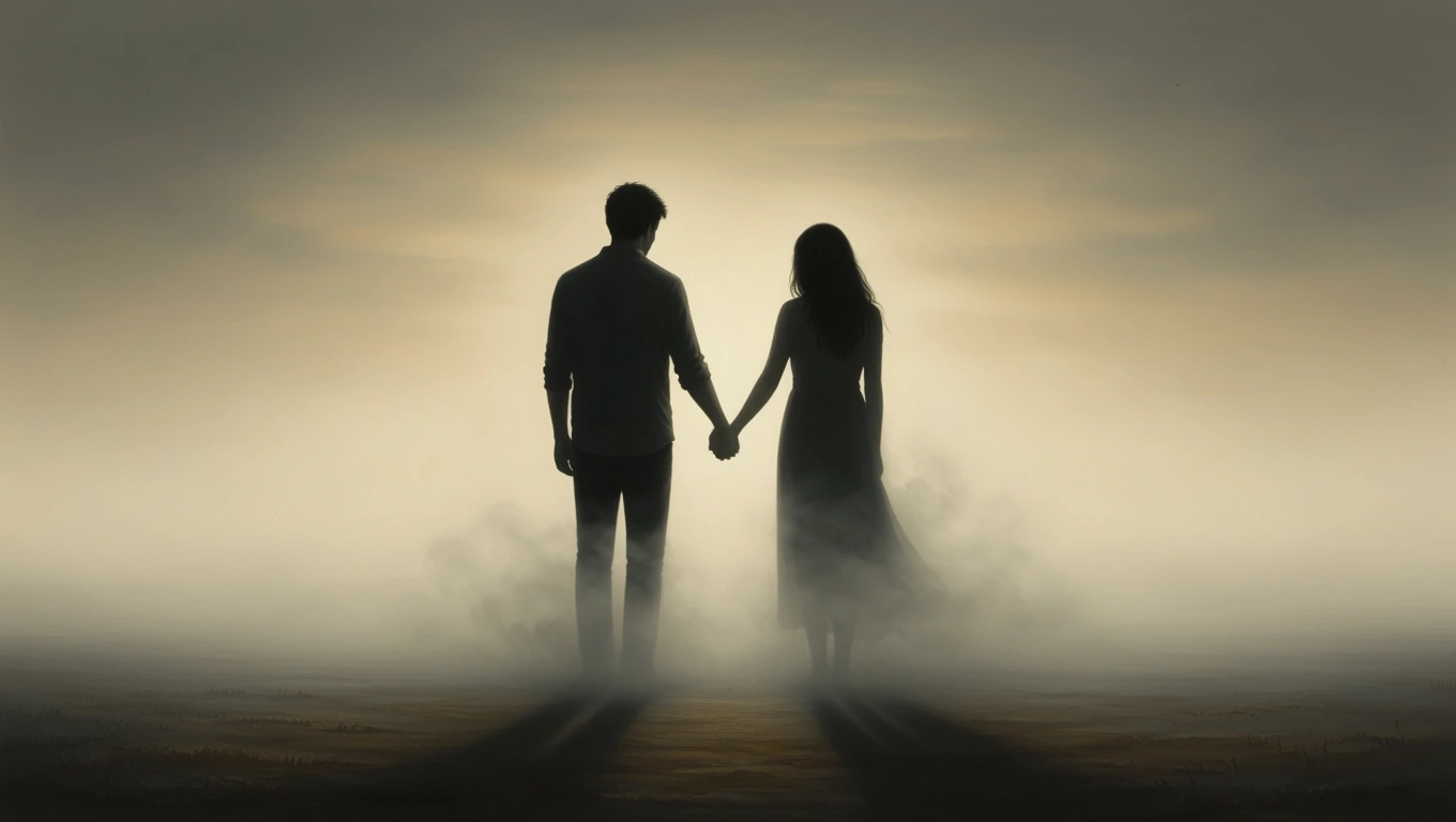 O siluetă de cuplu ținându-se de mână, învăluită în ceață, simbolizând transformarea și noi începuturi.