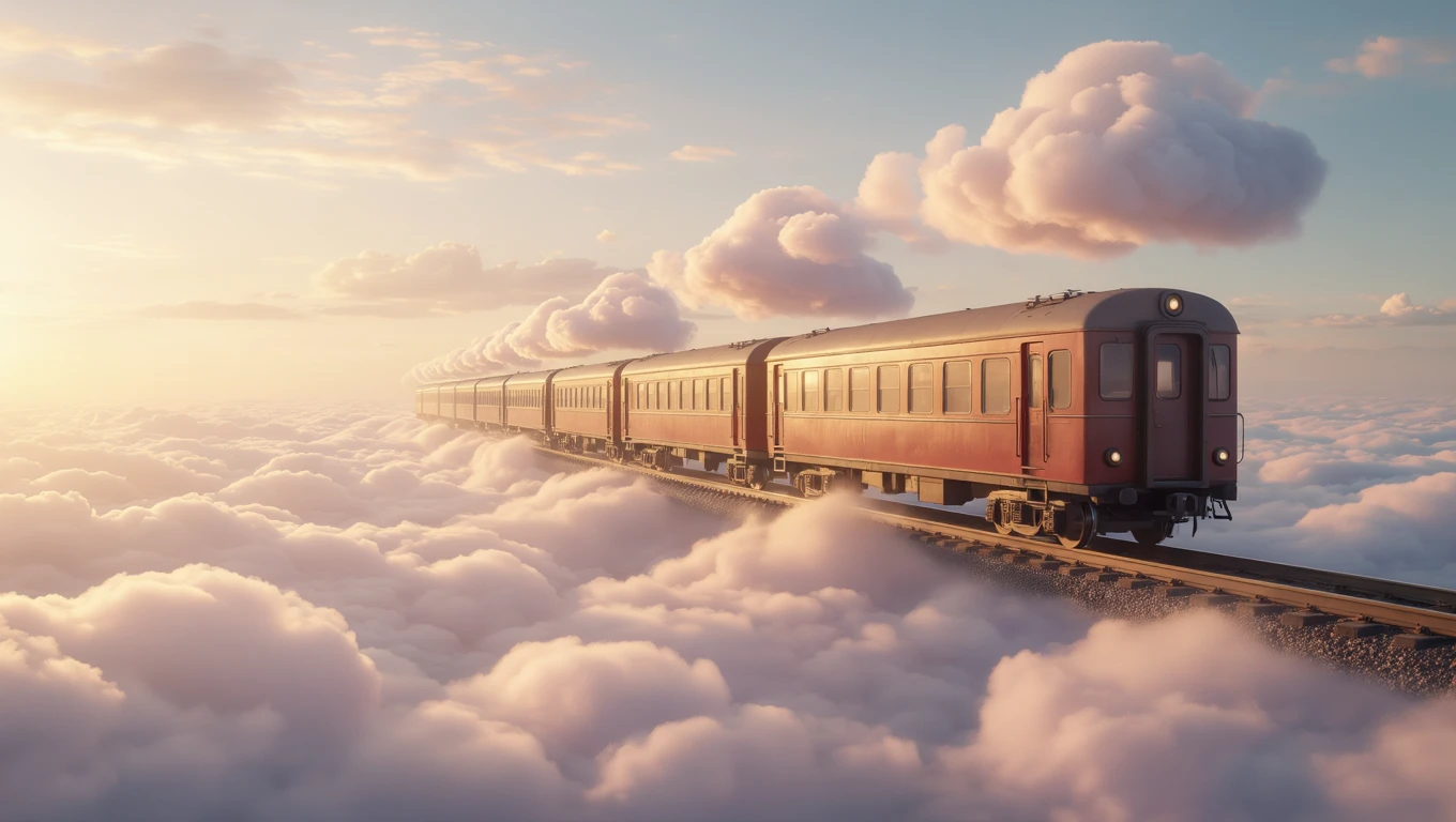 Un tren roșu călătorește pe o cale ferată suspendată printre nori, simbolizând oportunități și noi direcții în viață.