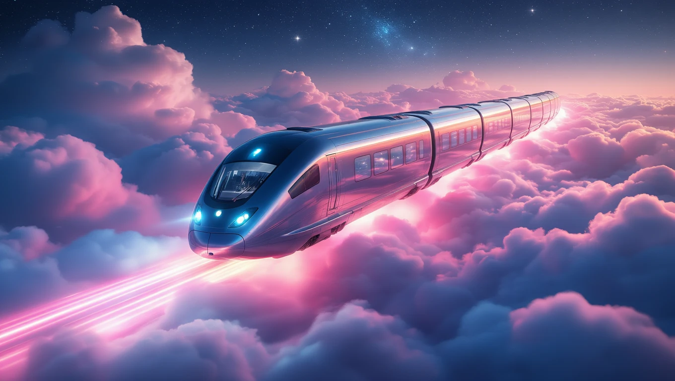 Un tren futurist, zburând printre nori roz, simbolizând oportunități și noi direcții în viață.