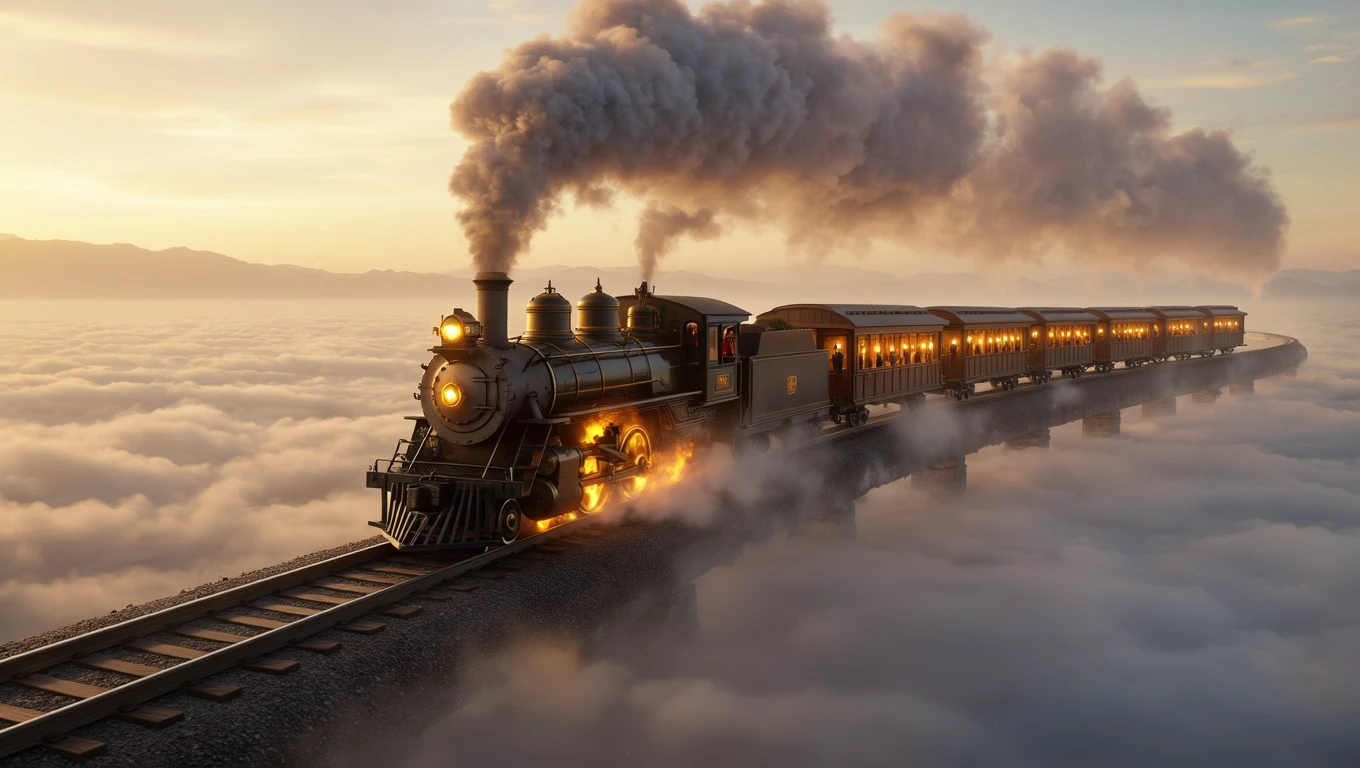 Un tren cu aburi traversează un peisaj de nori, simbolizând aventura și explorarea necunoscutului.