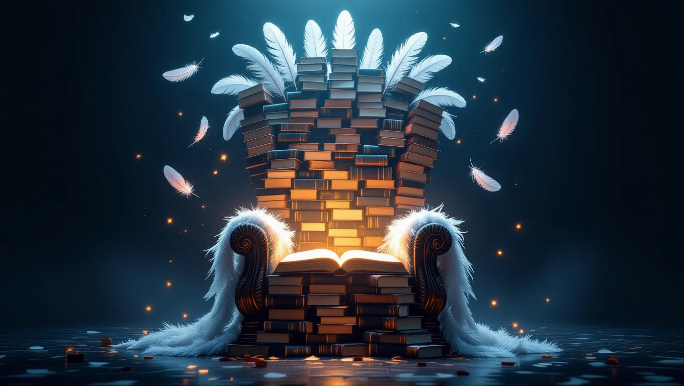Un tron elegant, construit din cărți, cu pene albe și o carte deschisă în față, simbolizând puterea și cunoașterea.