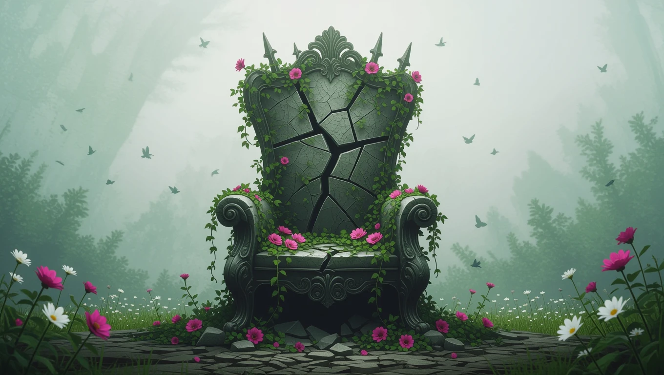 Un tron vechi, crăpat, acoperit cu flori și iarbă, simbolizând puterea pierdută și renașterea.