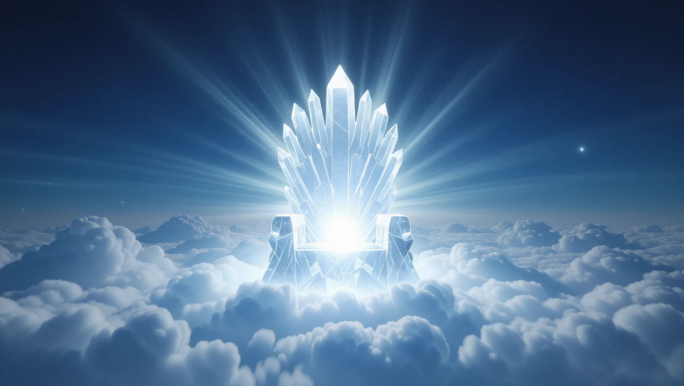 Un tron din cristal strălucitor, învăluit în nori, simbolizând puterea și succesul personal.